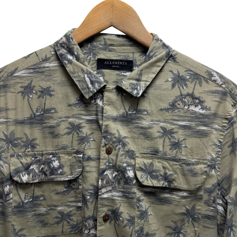 AllSaints Mens Sz Small Marooned Hawaiian Viscose Cotton Green Loop Collar Shirt